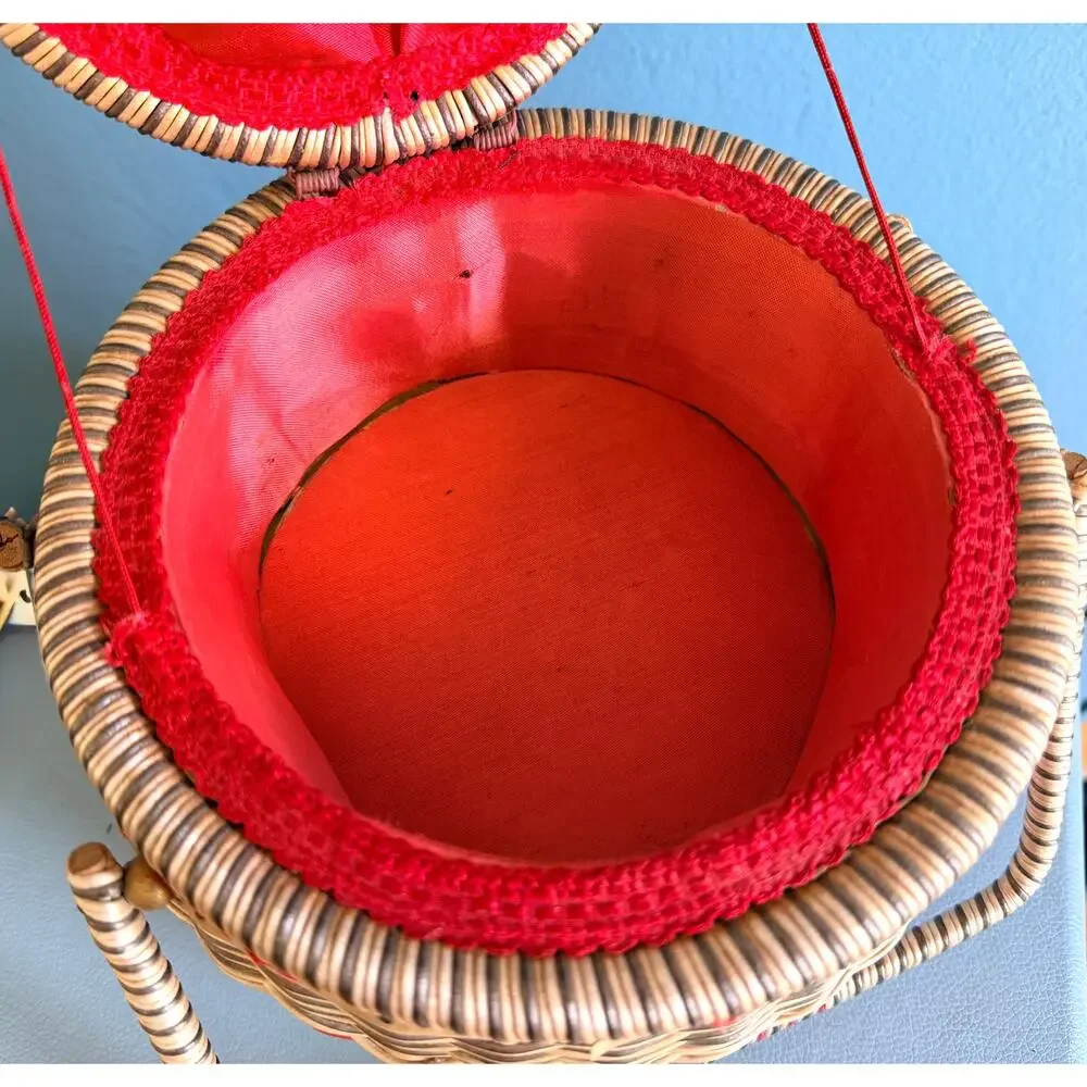 1950s Wicker Sewing Basket 2 Tier Double Box Purse Red Tufted Tray Pull Out